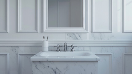 Close up of sink on marble with square mirror standing