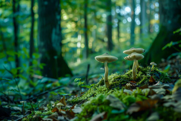 Three mushrooms are growing on a mossy forest floor. The mushrooms are small and green, and they are growing in a patch of moss. The scene is peaceful and serene, with the forest providing a natural - obrazy, fototapety, plakaty