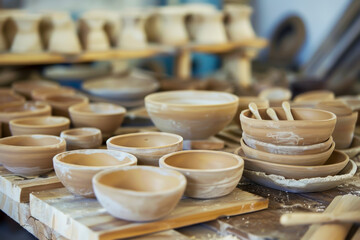 A table full of bowls and plates with a variety of shapes and sizes. The bowls and plates are made of clay and have a rustic, handmade appearance. The table is cluttered with the pottery