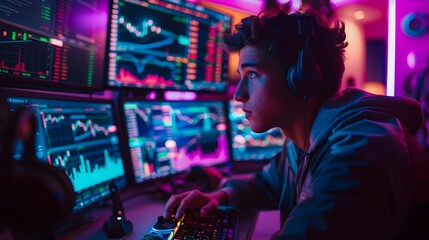 Intense Gen Z Cryptocurrency Trader Monitoring Digital Financial Data Across Multiple Futuristic Displays in Neon Tinged High Tech Home Office