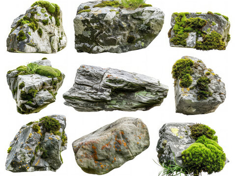 Set di rocce coperte di muschio in ambienti naturali, ritagliato, sfondo bianco