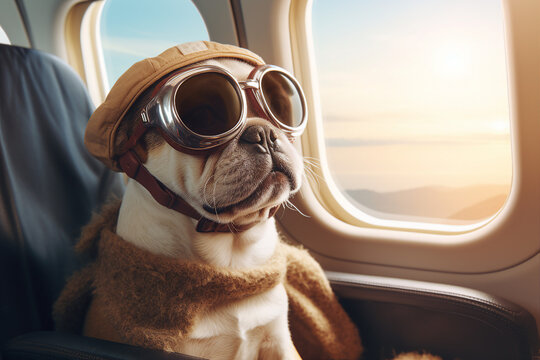 Picture created with generative AI of funny animal traveler enjoy comfortable flight journey