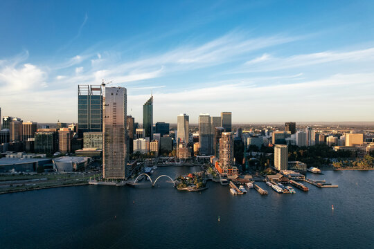The city skyline of Perth, Western Australia at sunset