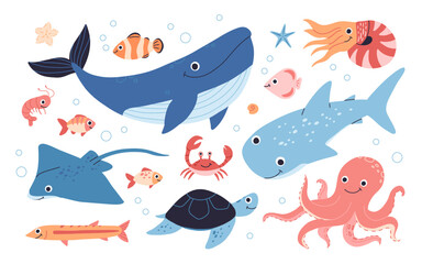 Fish and wild marine animals are isolated on white background. Inhabitants of the sea world, cute, funny underwater creatures whale, shark, ocean crabs, sea turtle. Flat cartoon vector illustration.