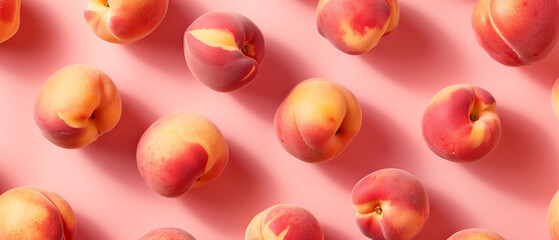 Fresh peaches fruit pattern summer refreshing color background, sunshine shadows.