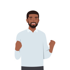 Young black man successful with clenched fists rejoices at success. Flat vector illustration isolated on white background