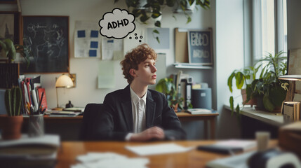 Thoughts in Chaos, Man's Cloud Chat Bubble Illustrates ADHD Focus Struggles - obrazy, fototapety, plakaty