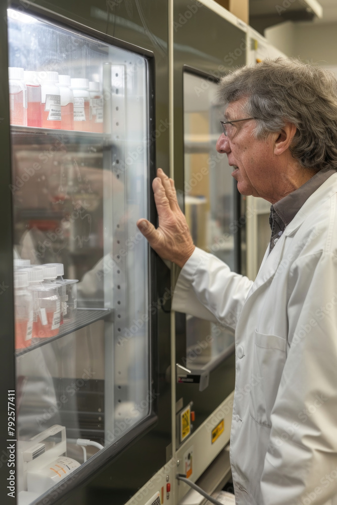 Poster a man in a lab coat carefully examines a machine in a laboratory setting, focusing on its intricate 