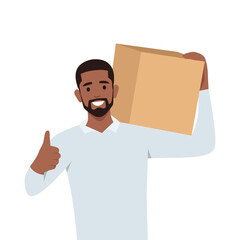 Young man smiling delivery man holding a package box. Flat vector illustration isolated on white background