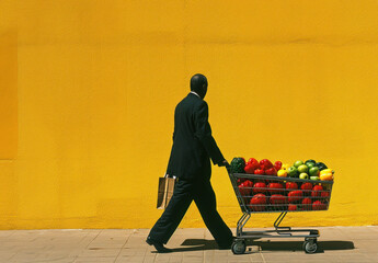 Man in suit pushing full shopping cart with fruits and vegetables down sidewalk in city