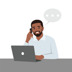 Young man company director giving short brief through phone call to his team member from the office. Flat vector illustration isolated on white background