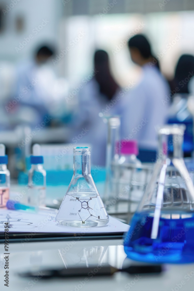 Poster a lab is filled with various blue flasks and beakers, arranged neatly on countertops and shelves, re