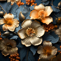3d render. abstract floral background with golden flowers. leaves and berries