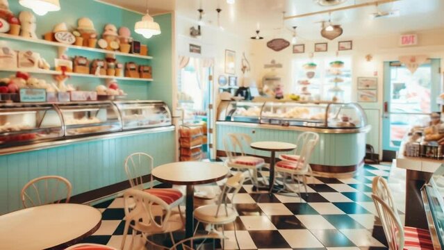 Delightful vintage ice cream parlor with a black and white checkered floor, pastel walls, and glass display cases filled with colorful ice cream flavors. 