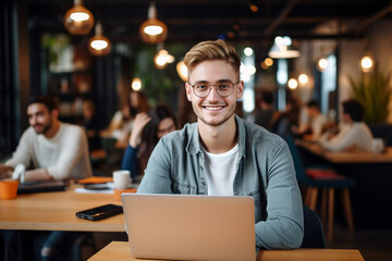 Obraz premium Generative AI photo of smiling person working as a tutor from cafe distance lesson