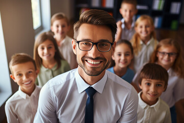 Obraz premium Generative AI photo of confident handsome professional man teacher in classroom