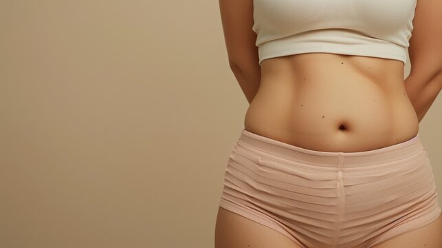 Close-up of a woman's midsection wearing a white crop top and pink underwear