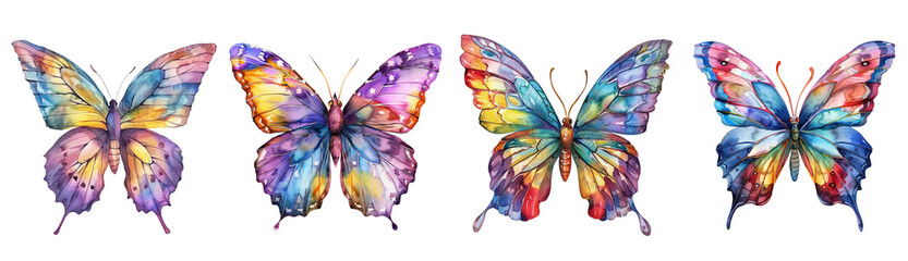 Watercolor butterfly set on transparent background.