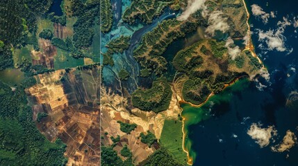 A satellite comparison of deforestation over decades provides a visual timeline of forest loss, showcasing environmental changes. 