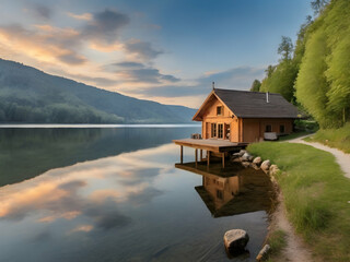 Fototapeta premium house on the river am See in trauma after Lands haft Ai generative 
