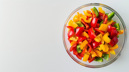 Colored bell peppers chunks in a bowl on a white table, aerial view, space on the left
