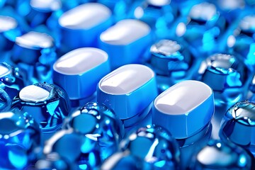 3D representation of blue pill tablets in a monochromatic manner, abstracted against a blue background.Tablets with white wallpaper strewn on a blue background. formatted vertically.
 - obrazy, fototapety, plakaty