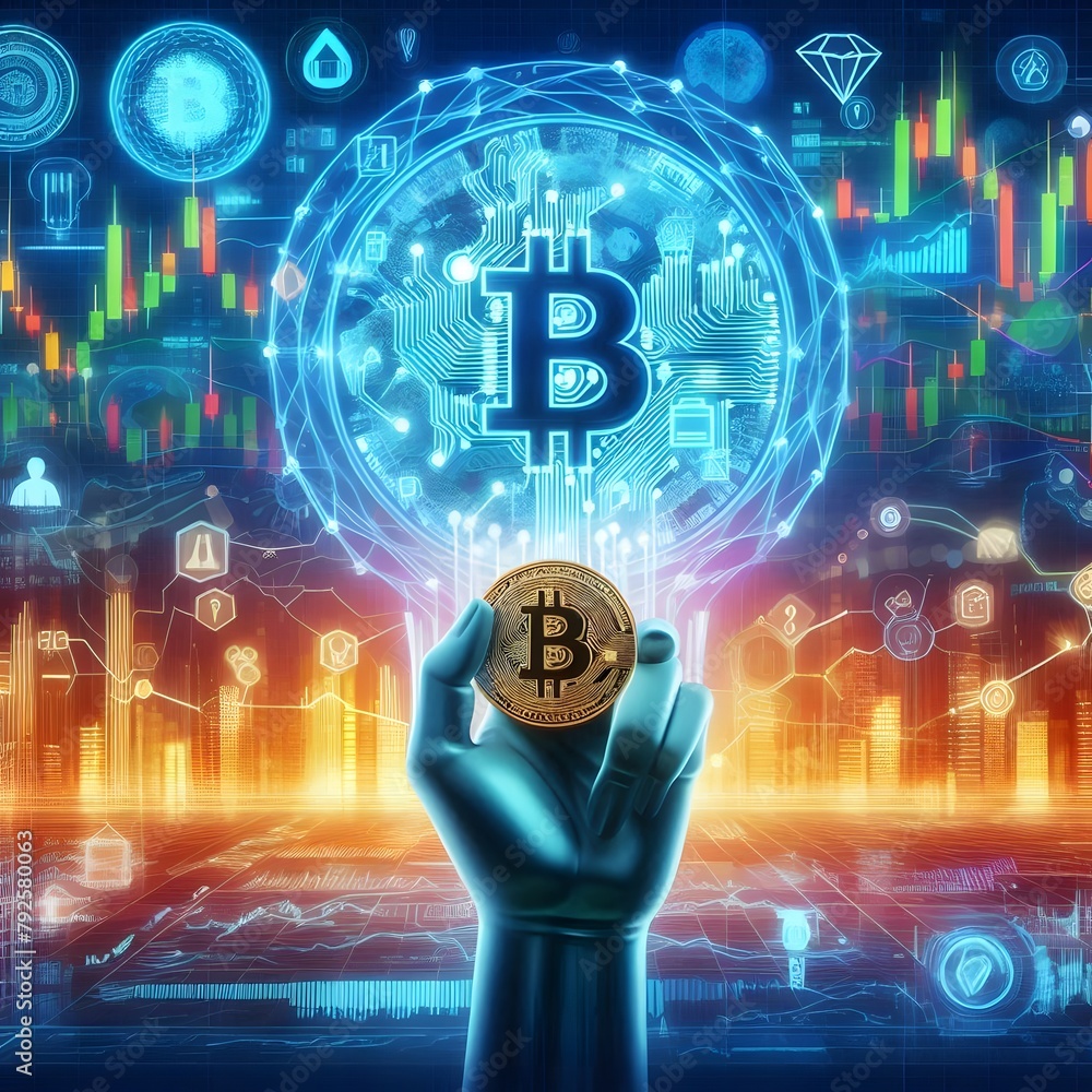 Poster golden bitcoin on digital background. cryptocurrency concept. 3d rendering generated by ai