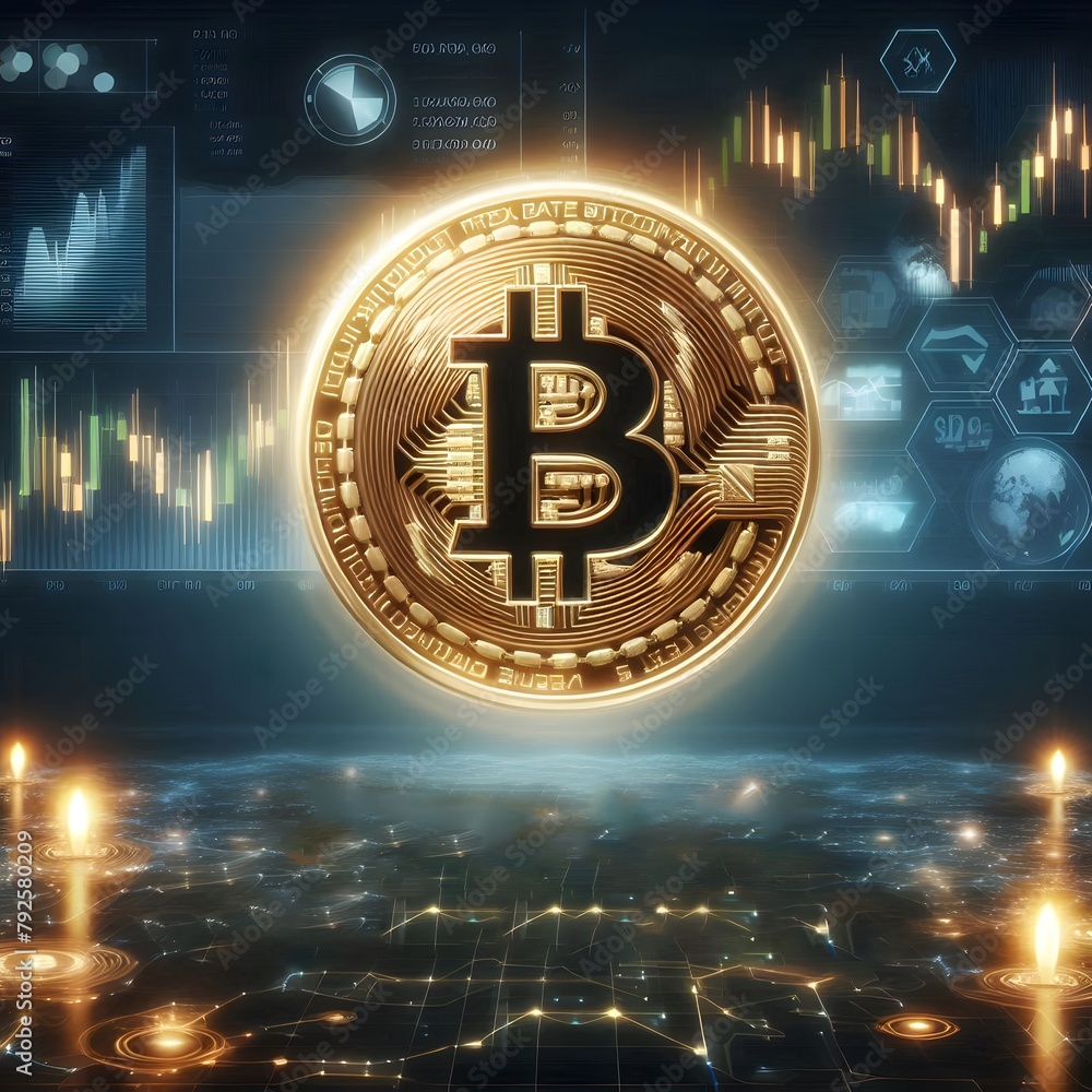 Poster golden bitcoin on digital background. cryptocurrency concept. 3d rendering generated by ai
