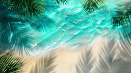 Fototapeta na wymiar Aerial view of a tropical beach with clear turquoise waters and palm leaves shadows.