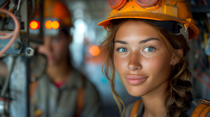 close up portrait of Young Female Engineer with Safety Helmet at Industrial Facility