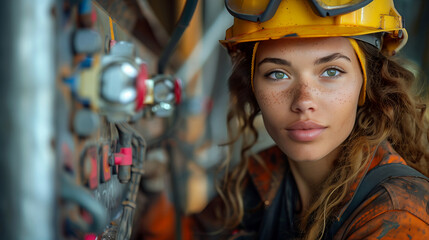 close up of Female industrial Worker Inspecting Machinery in Manufacturing Plant