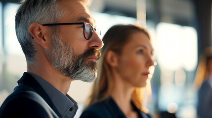 close up of Senior Businessman with glasses and beard and Female Colleague in Profile at Office
