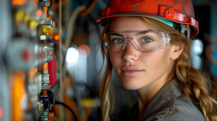 close up of Female Industrial Worker electrician at factory Control Panel