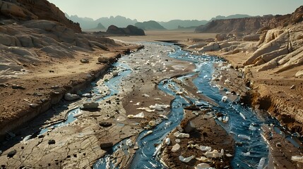 Dried Up Alien Riverbed Clogged with Hardened Plastic in Desolate Barren Landscape - obrazy, fototapety, plakaty