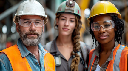 Diverse Group of Construction Workers in Safety Gear at Industrial Site looking at camera