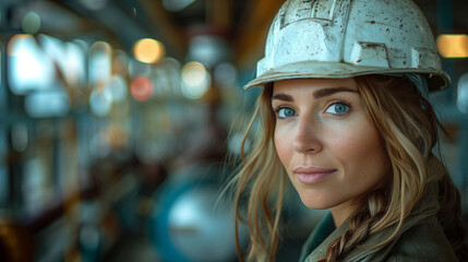 close up of Engineer woman with hardhat looking at camera at industrial factory in background