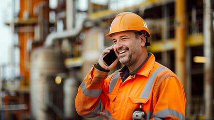 Smiling Construction worker with safety orange helmet and workwear Communicating on Mobile Phone at construction site in background