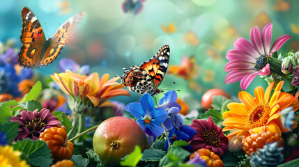 Colorful flowers butterflies and fruit in the garden -