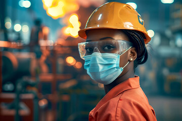 close up of Industrial Worker black woman in Safety Gear standing at Manufacturing Process plant