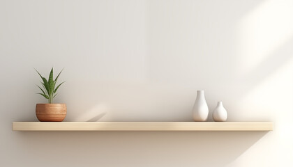 Fototapeta na wymiar A wooden shelf with a potted plant and two ceramic vases against a white wall
