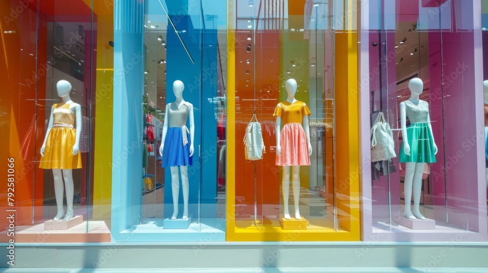 Poster a window display of clothing in a store with a colorful theme