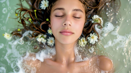 A woman is lying in a bathtub, with vibrant flowers delicately placed in her hair, creating a serene and tranquil atmosphere