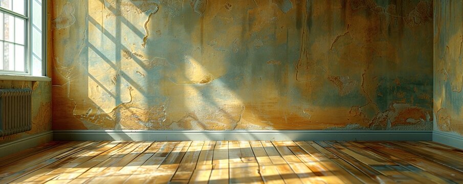 empty wall and wooden floor with glare from the window. Interior background for mockup