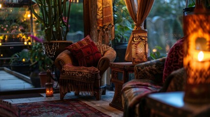 Guests relax in plush armchairs surrounded by layers of tapestries and cushions that absorb any outside noise ensuring a peaceful nights rest. 2d flat cartoon.