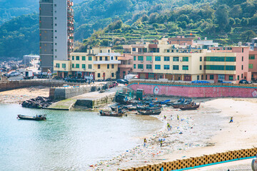 High angle view of the bay and fishing village on the top of the flag crown of Lianjiang County,...