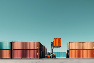 minimalist shot a forklift lifting a container off a truck at Port Botany, set against a clean background, showcasing the efficiency and precision of port operations.