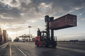 industrial photograph featuring a forklift in action, lifting a container off a truck at Port Botany, against a minimalistic backdrop, highlighting the seamless logistics and opera