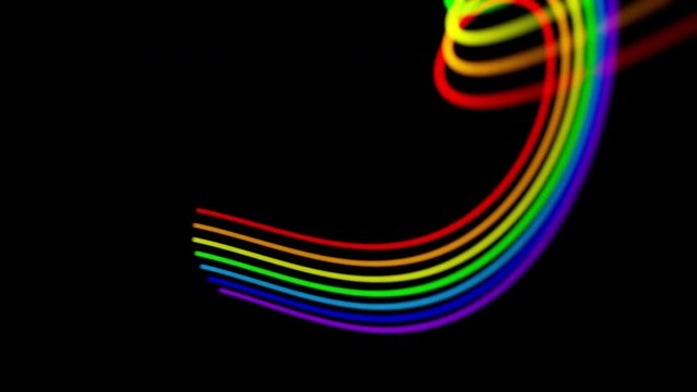 Rainbow streaks with loop section 12:00-24:00. Abstract animation of flowing colorful lines on black background.