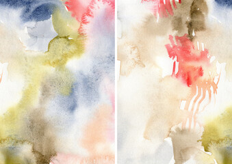 Watercolor abstract textures of green, red, blue, orange, brown and white spots. Hand painted pastel illustration isolated on white background. For design, print, fabric or background.