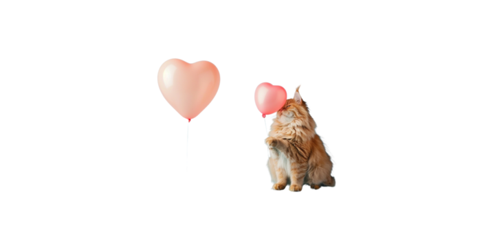 happy Persian cat holding a pink heart balloon on a light blue background,